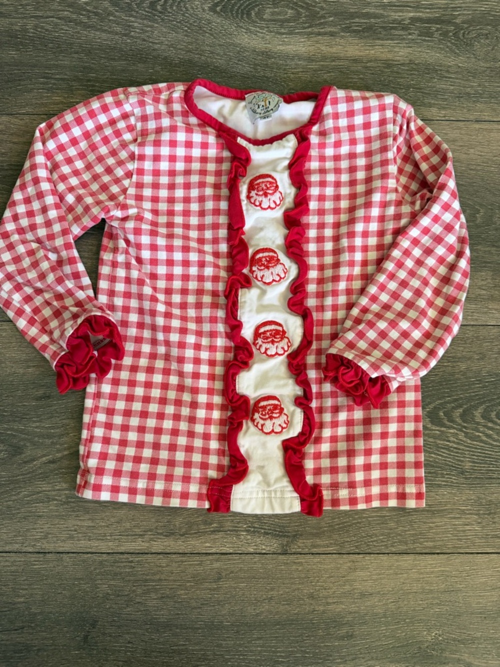 Sz 4t Gingham Ruffle Front Top with Embroidered Santas